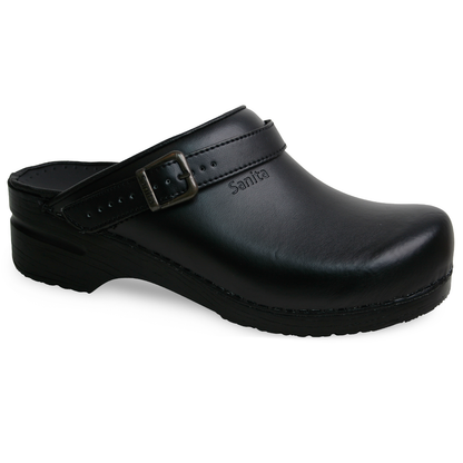 Ingrid Women's PU Black Leather Adjustable Strap Open-Back Clog | Sanita