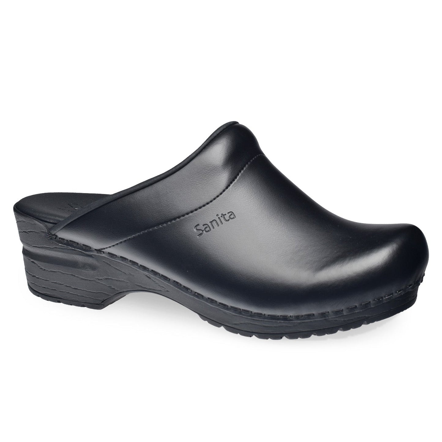 Sonja Women's PU Coated Black Leather & Open-Back Clog | Sanita