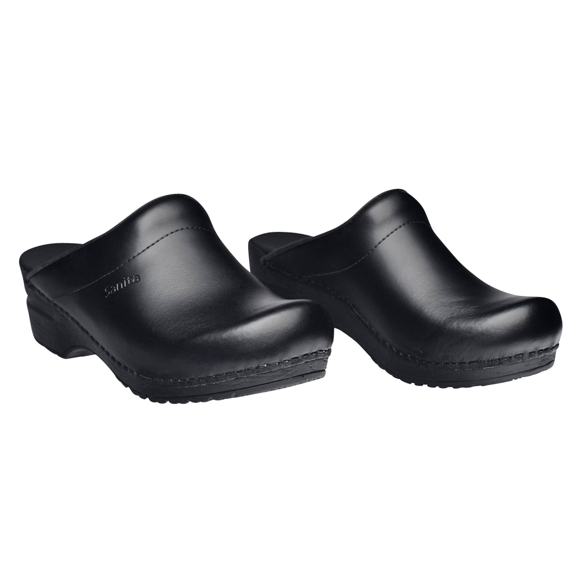 Sonja Women's PU Coated Black Leather & Open-Back Clog | Sanita