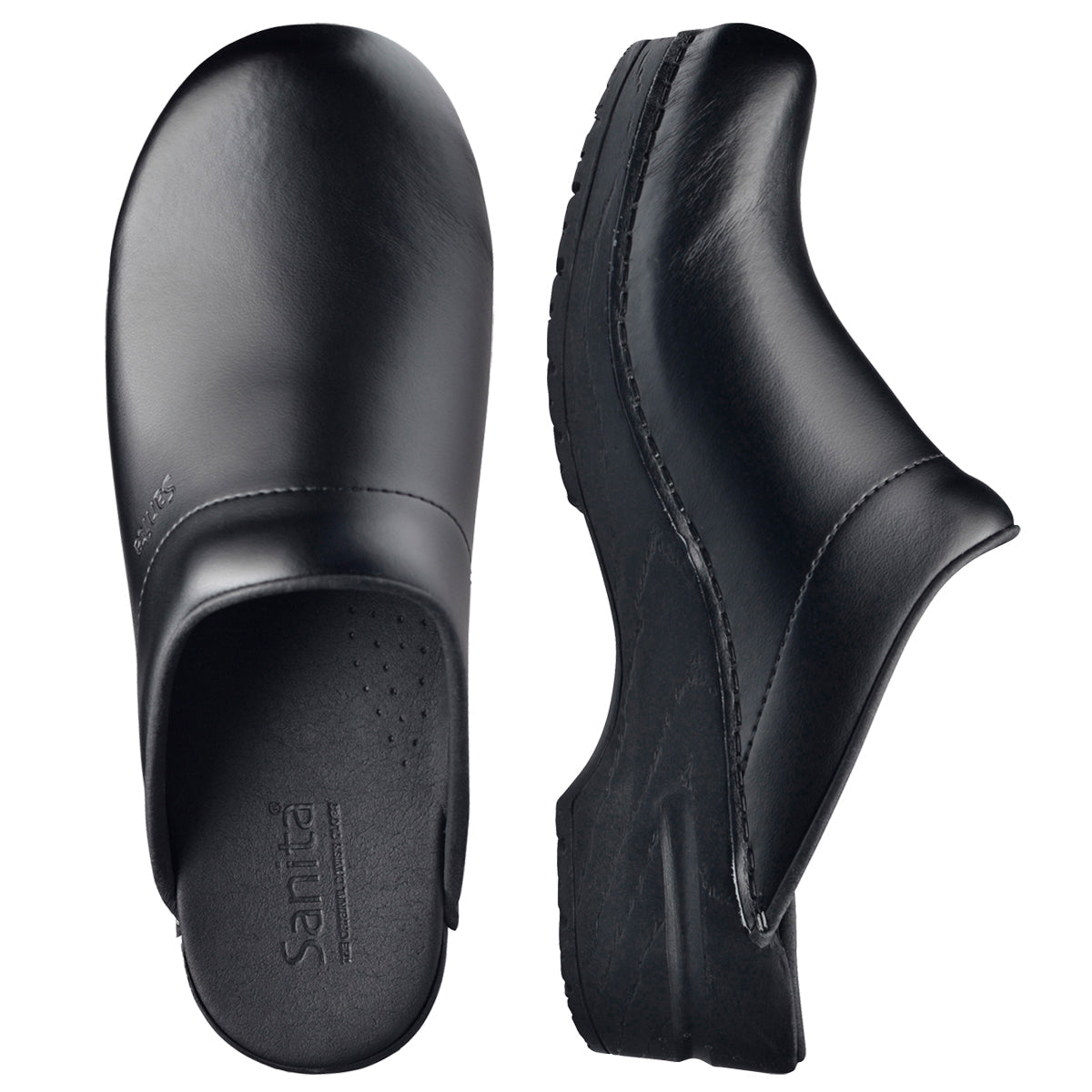 Sonja Women's PU Coated Black Leather & Open-Back Clog | Sanita