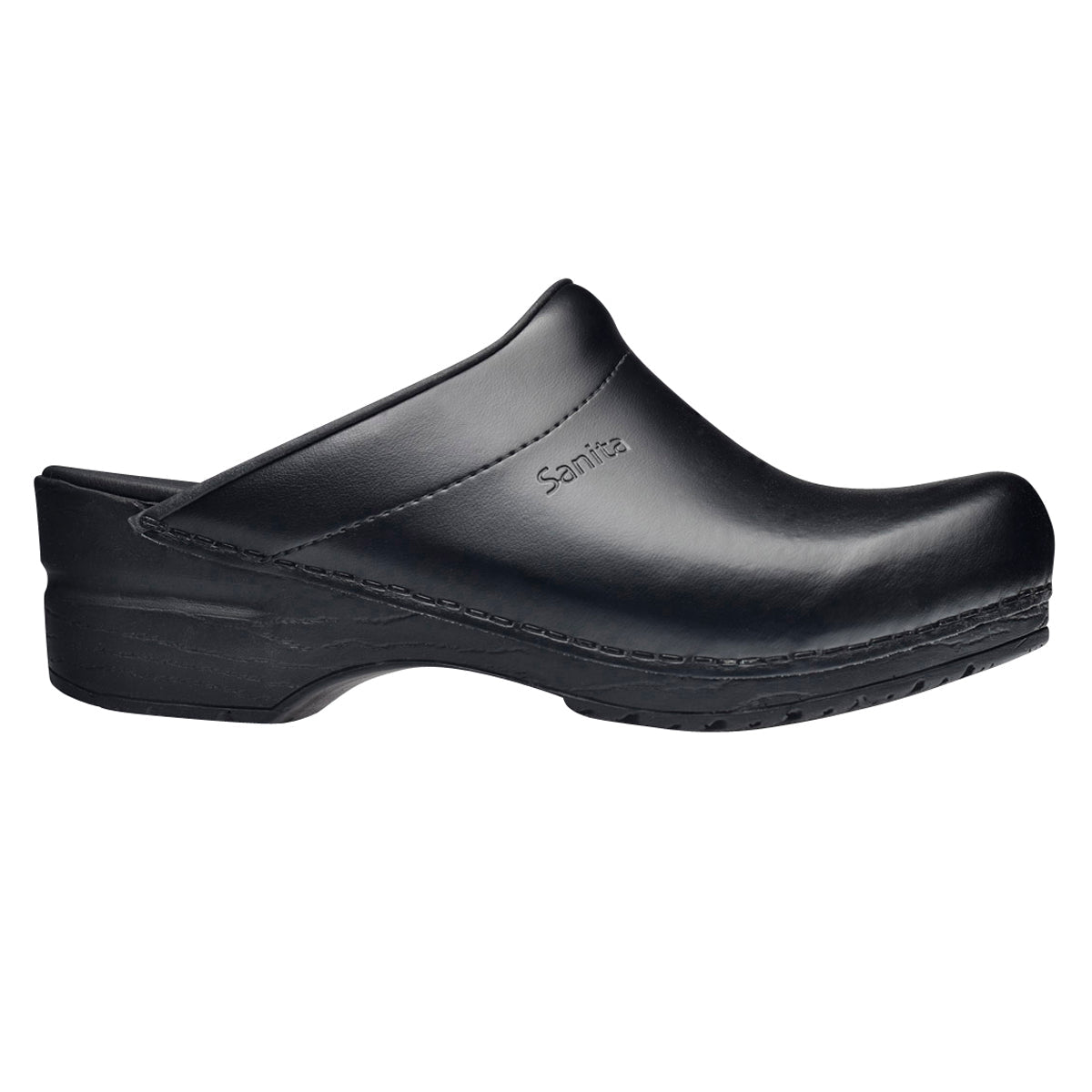 Sonja Women's PU Coated Black Leather & Open-Back Clog | Sanita